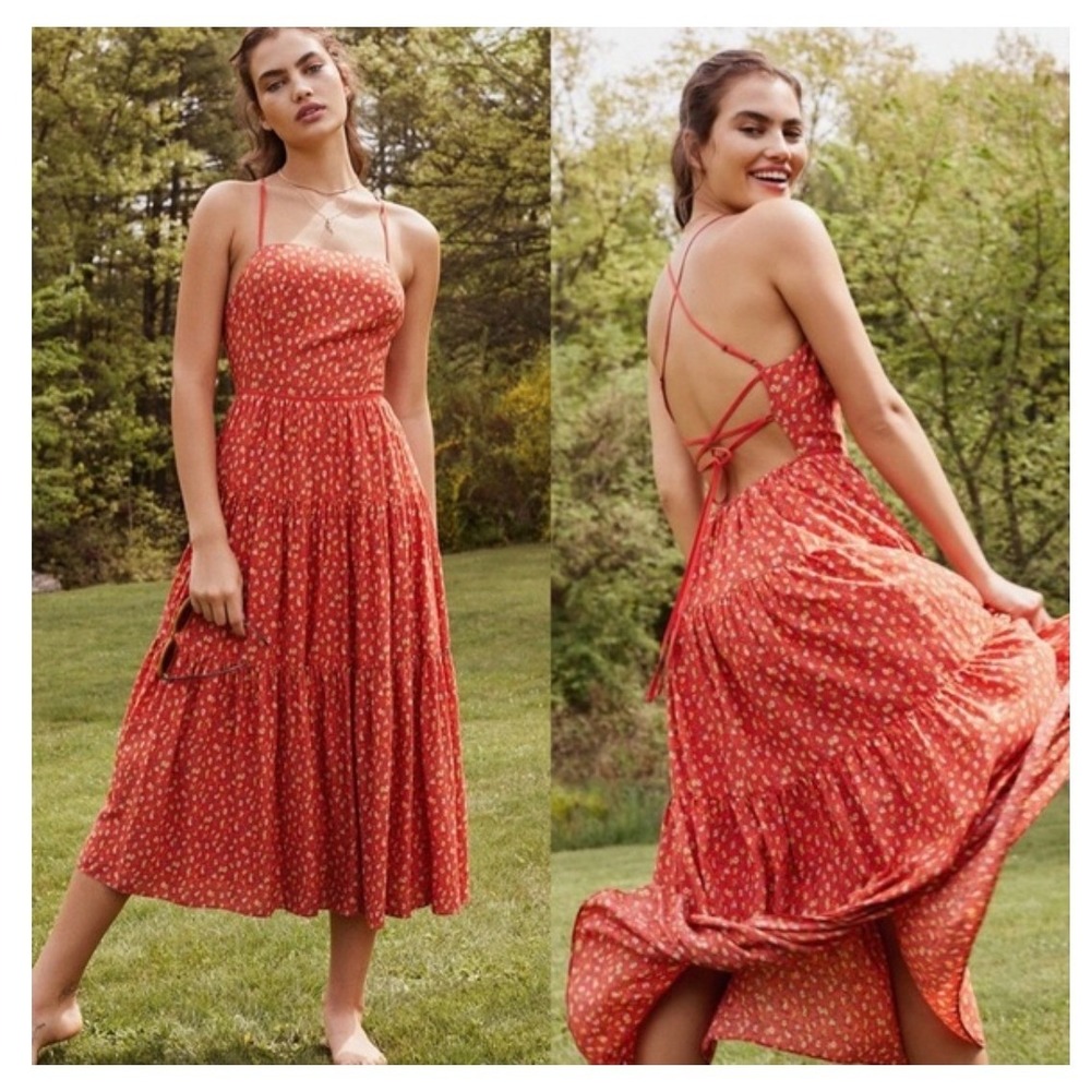 Urban Outfitters Orange Floral Lace Up Back Tiered Midi Dress M Open Tie Back
